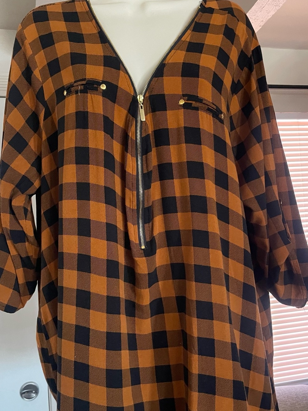 Women's Rust and Black Gingham Zip-Front Top